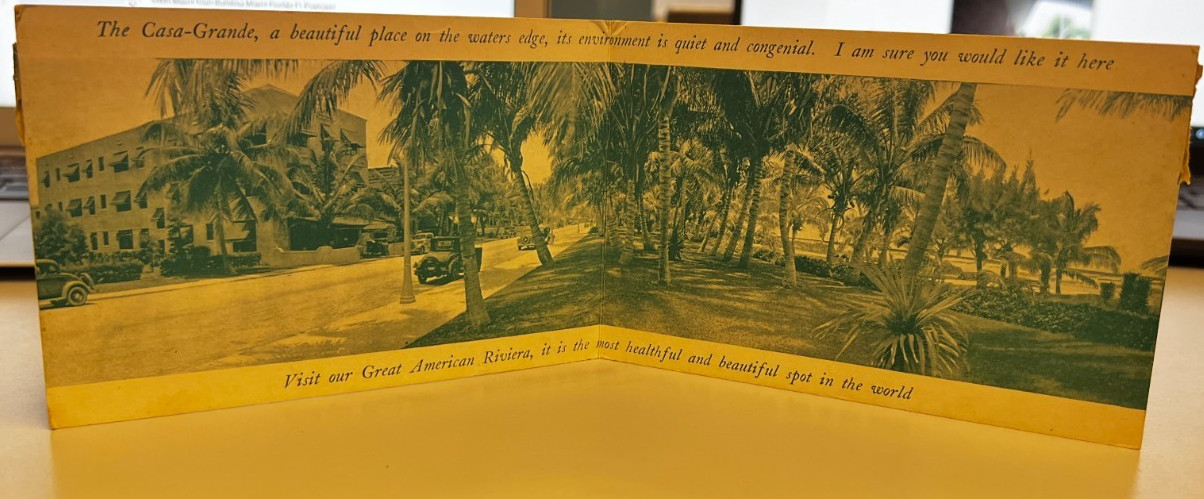 1937 CASA-GRANDE HOTEL MIAMI BEACH FL PANORAMIC FOLDING POSTCARD to Liberty NY