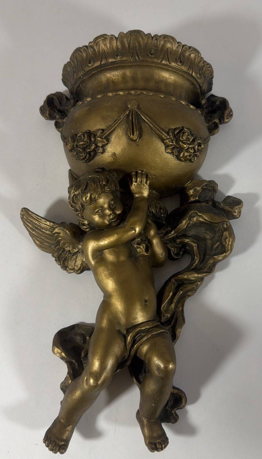 VINTAGE ANGEL CHERUB 1975 VICTORIAN GOLD WALL POCKET HOLLYWOOD REGENCY 14 1/2”