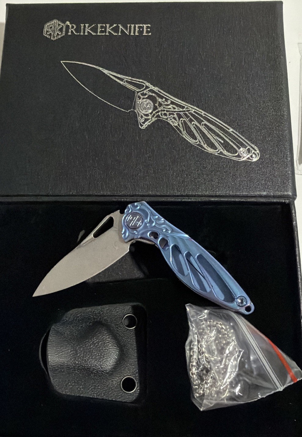 Rike Mini Hummingbird Folding Knife Blue Titanium Handle Rose Damascus new 