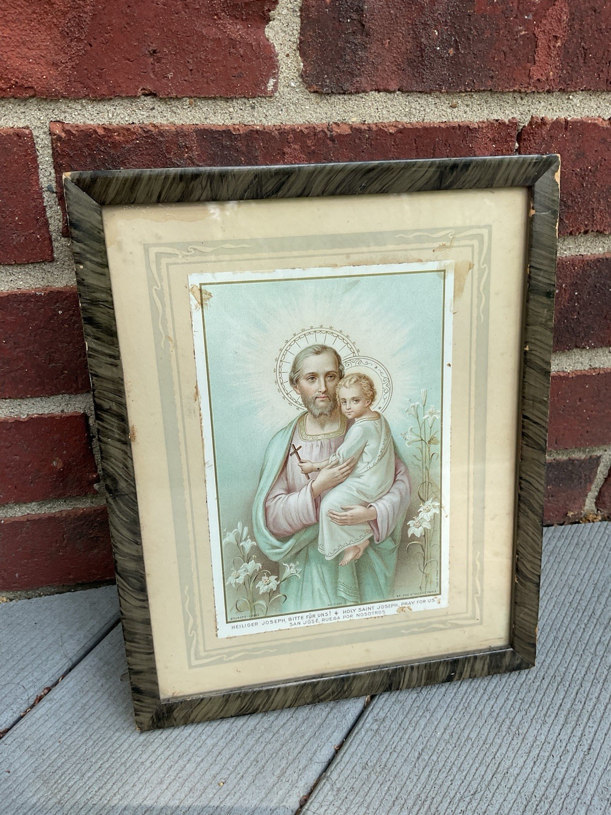Antique Religious Saint Joseph W/Child Framed 10” X 8”