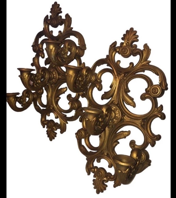 Vtg Pair 😊  Wall Sconce 19” Gold Filigree Homco Triple Candle Holder fun