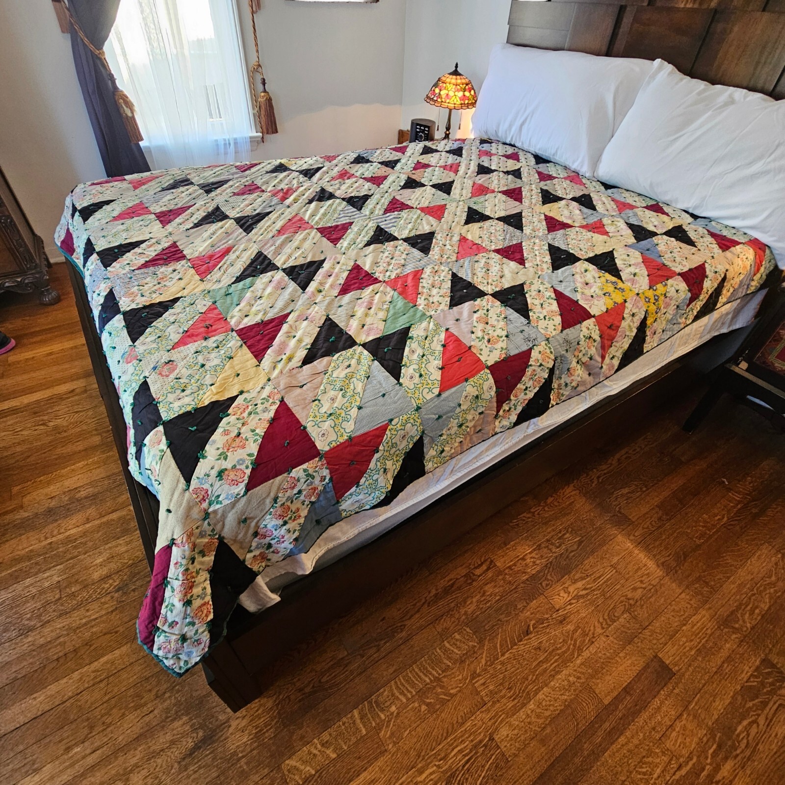 Antique Early 20th C Handmade Quilt Depression Era Double Bed Size Double Queen
