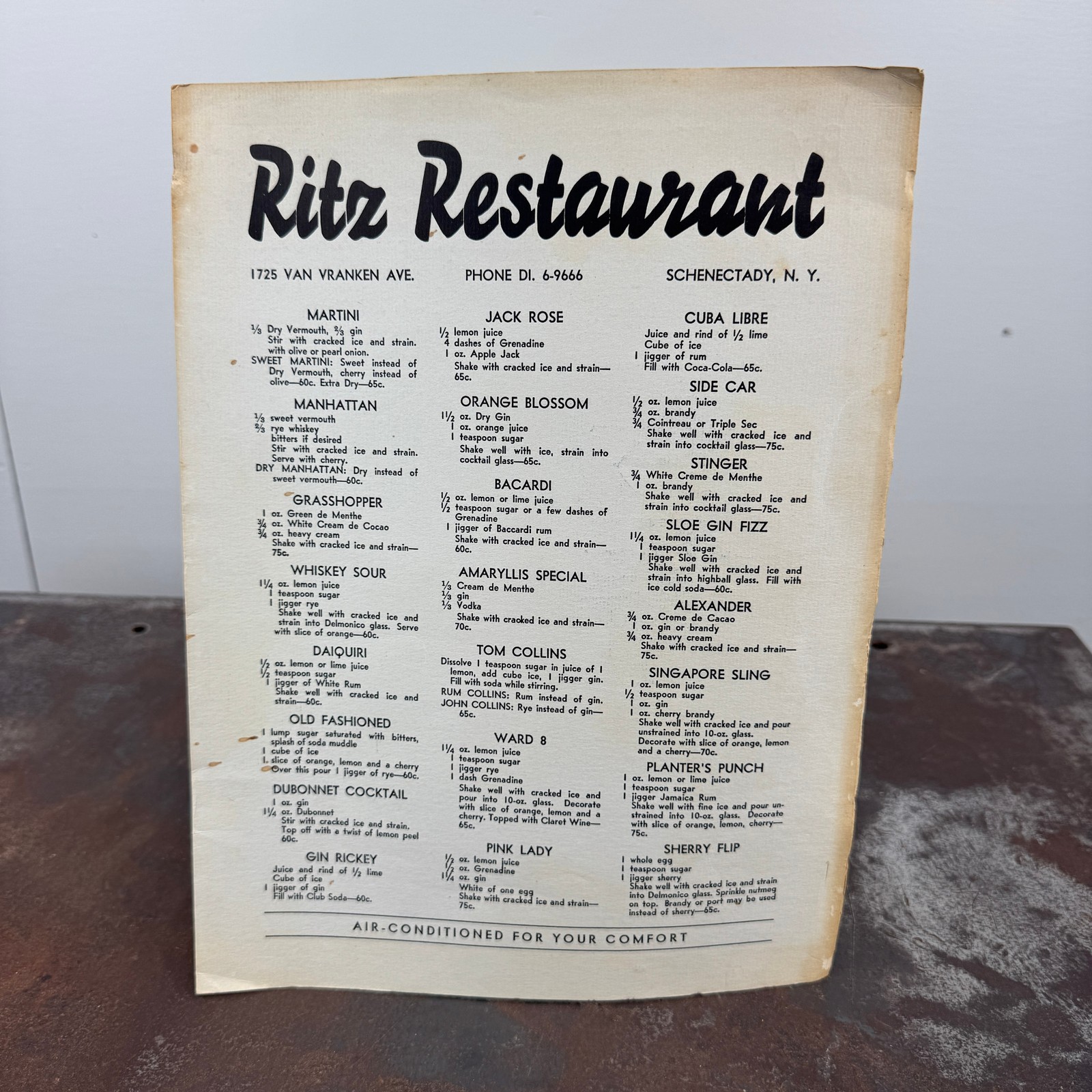 Vtg c.1950s THE RITZ Restaurant Menu - Schenectady, NY