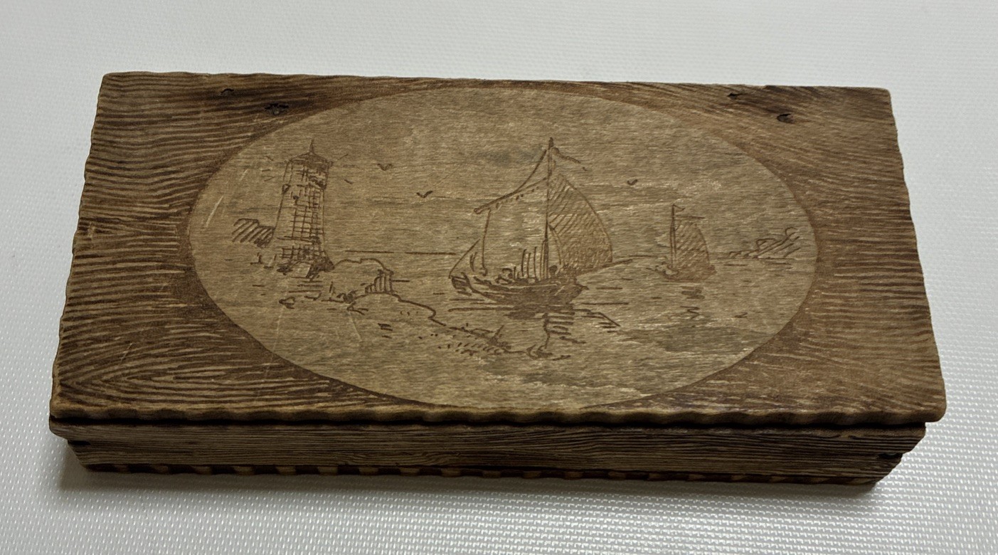 Vintage NAUTICAL ETCHED WOODEN MATCHBOX.