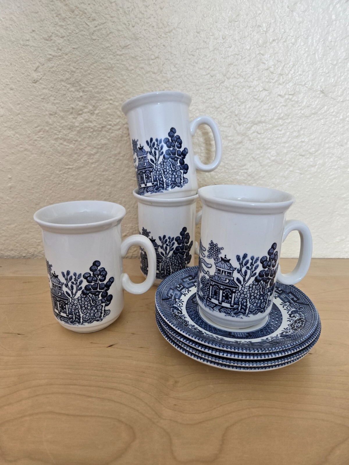 Vintage 4 Coffee Cup Saucer Set Churchill England Rare C Handle Retro Style Blue