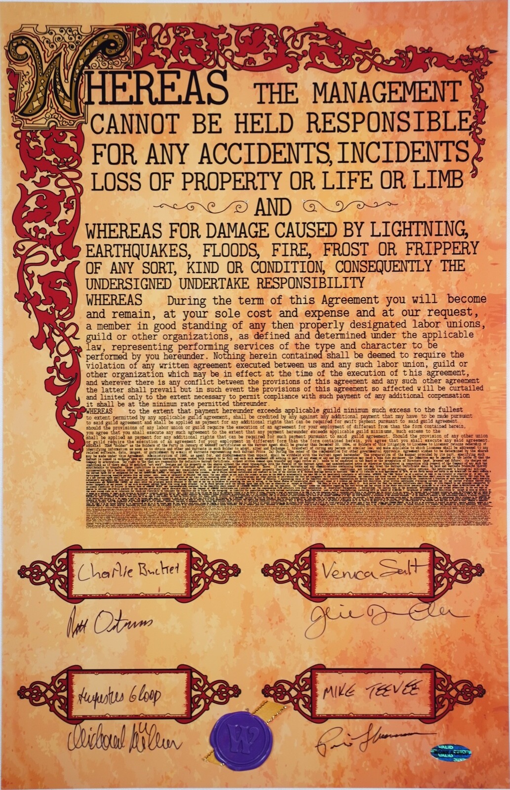 WILLY WONKA CONTRACT - AUTOGRAPHED, SIGNED BY 4. SOLD BY: THE MIKE TV ACTOR
