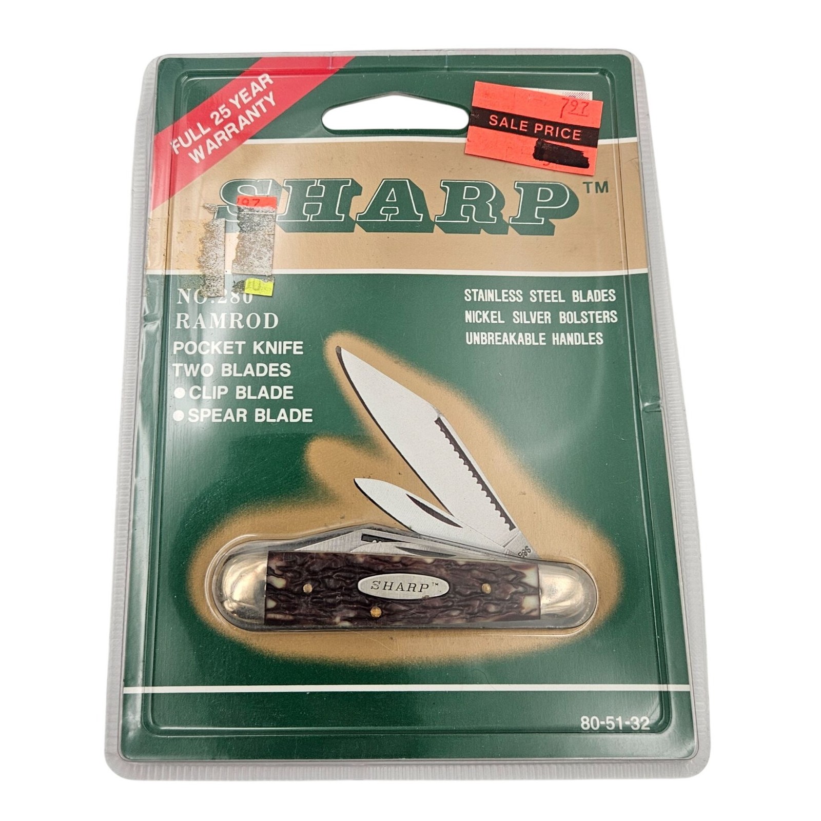 Sharp No. 280 Ramrod Pocket Knife With Two Blades Clip & Spear Stainless Steel