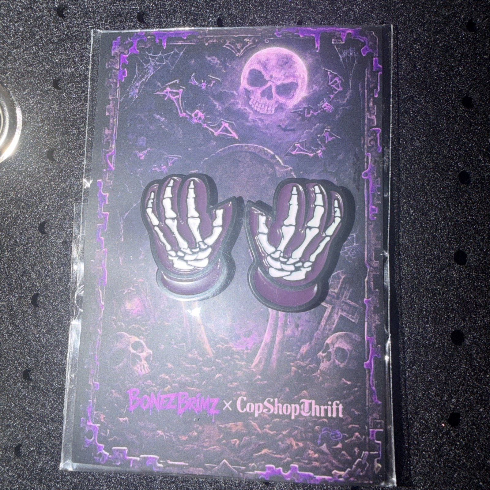 CopShopThrift X BonezBrimz Purple Bones Gloves Hat Pins Set New On Card