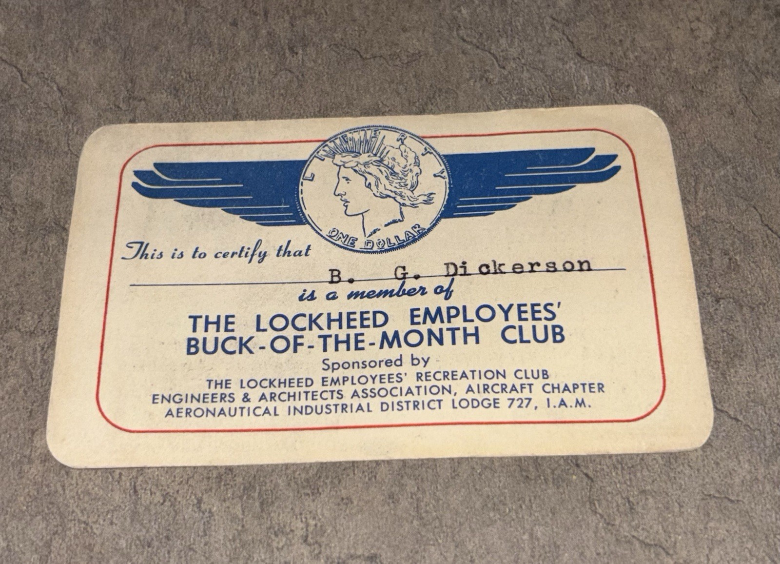 Vtg 1921 Lockheed Employee Buck-of-the Month Club Member Card Aircraft Airplane Vtg 1921 Lockheed Employee Buck-of-the Month Club Member Card Aircraft Airplane