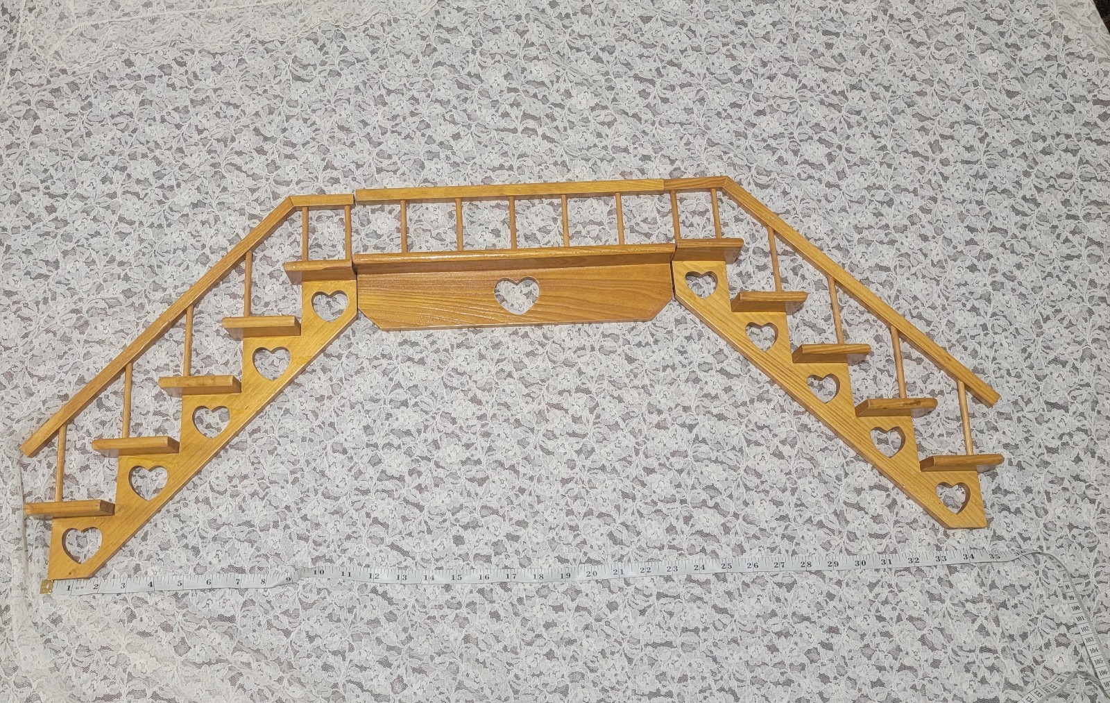 Vintage Wooden Staircase Wall Trinket Shelf Cottagecore heart cutout design. 