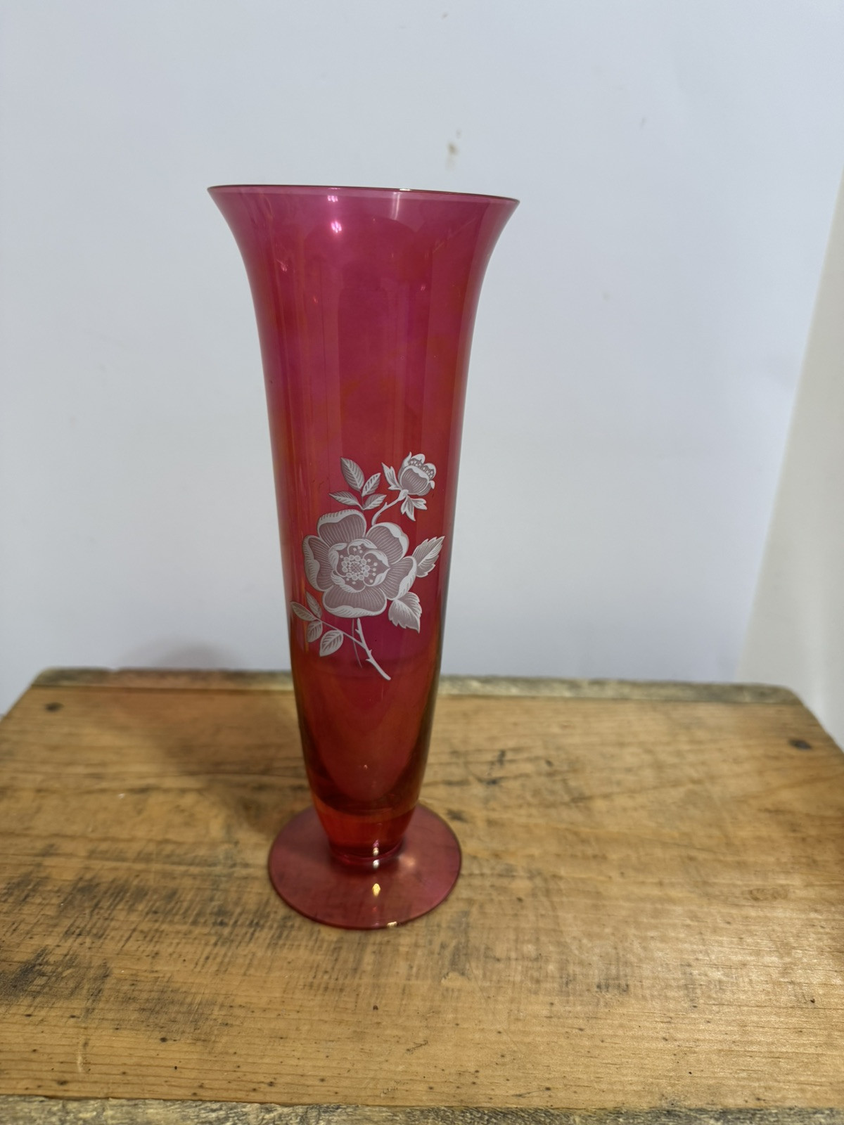 Cranberry Etched Glass Vase