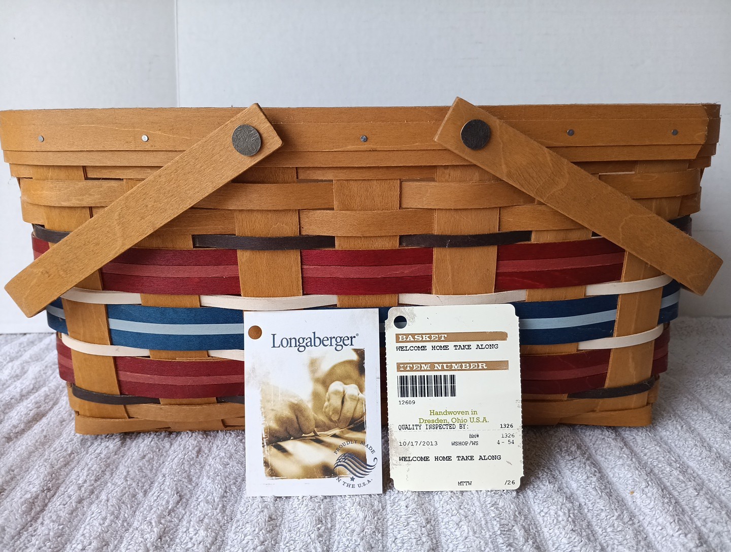 Longaberger 2013 Welcome Home Take Along Basket Americana Stripe Red White Blue