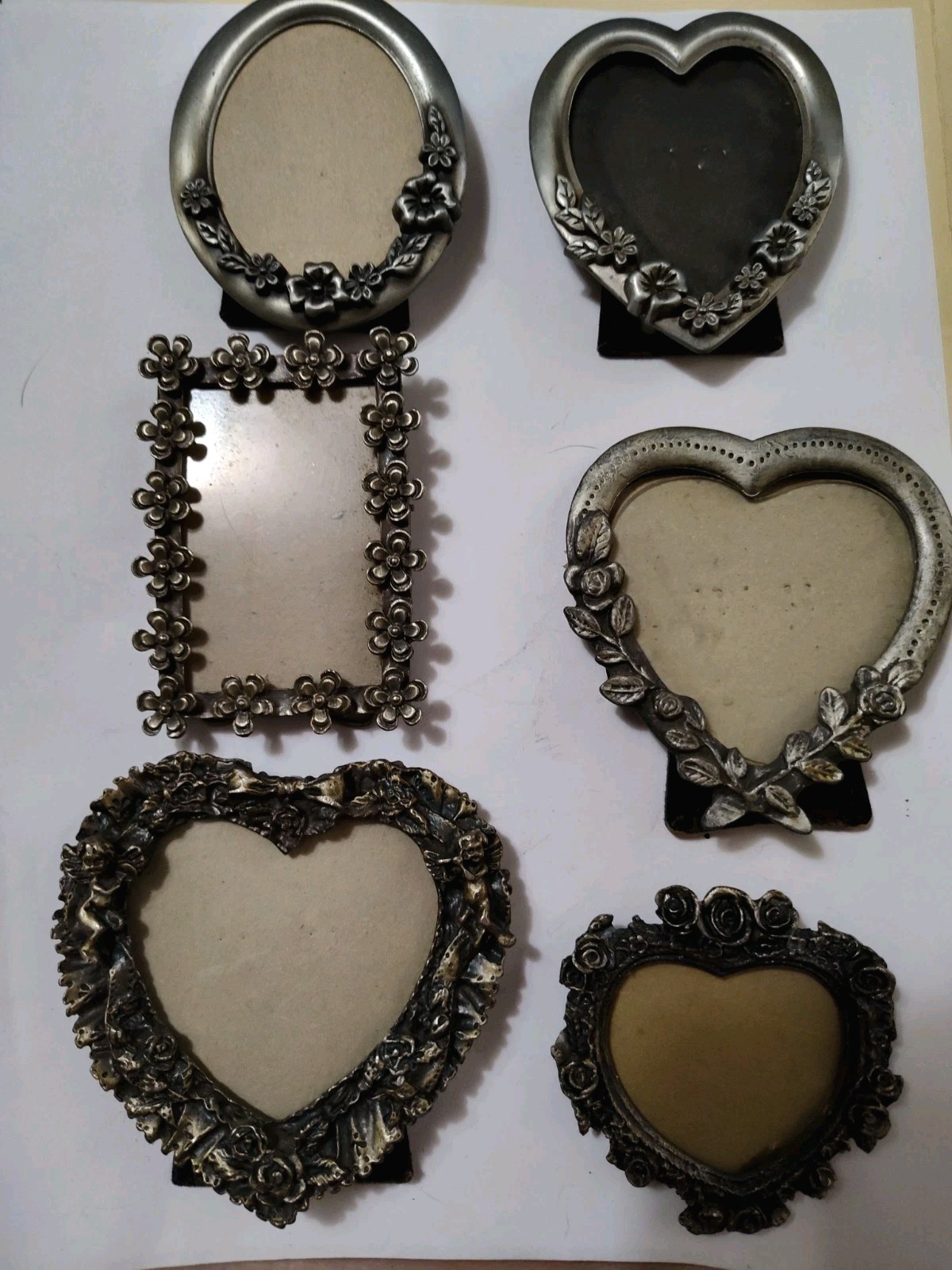 Six Vtg Victorian Style Pewter Heart Roses Miniature Heart Picture Frames Lot 