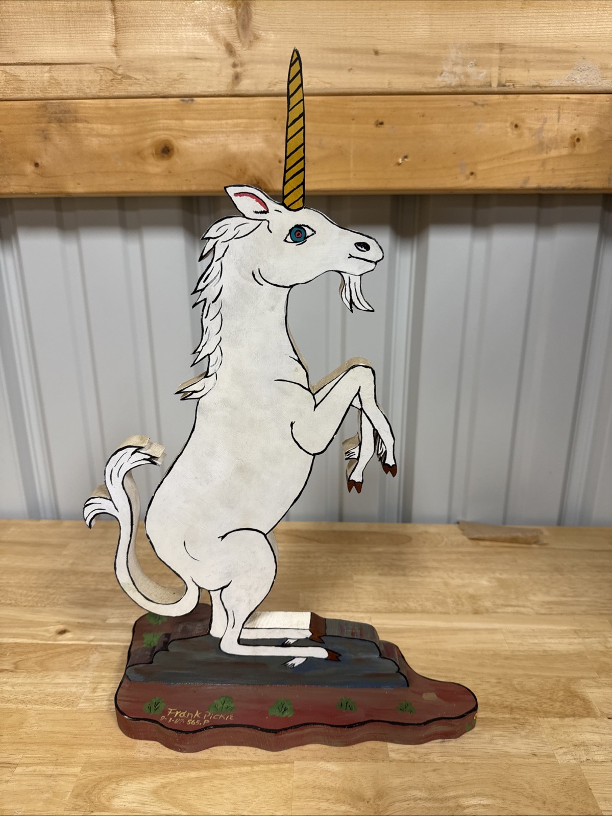 Vintage Folk Art Unicorn by Frank Pickle Signed 1987 - Hand-Painted Wood 17” B27