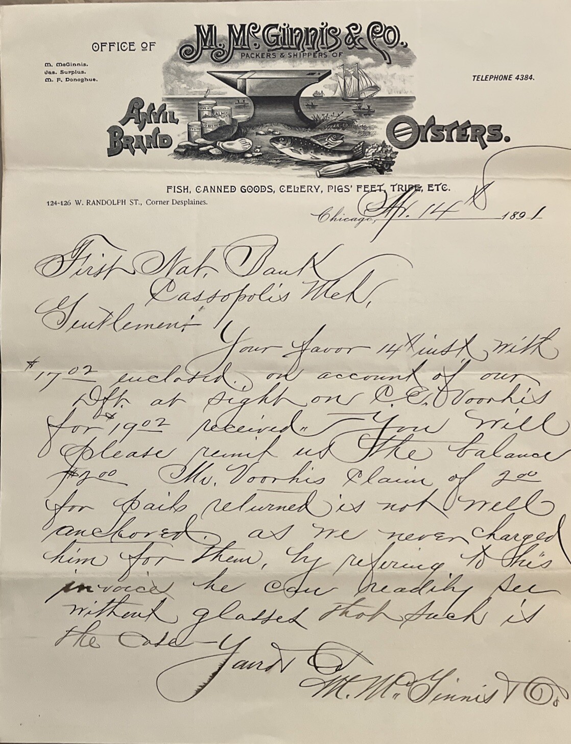 Anvil Brands Oysters Letterhead, Chicago Roadrunners And Wiley Coyote’s Fav 1891