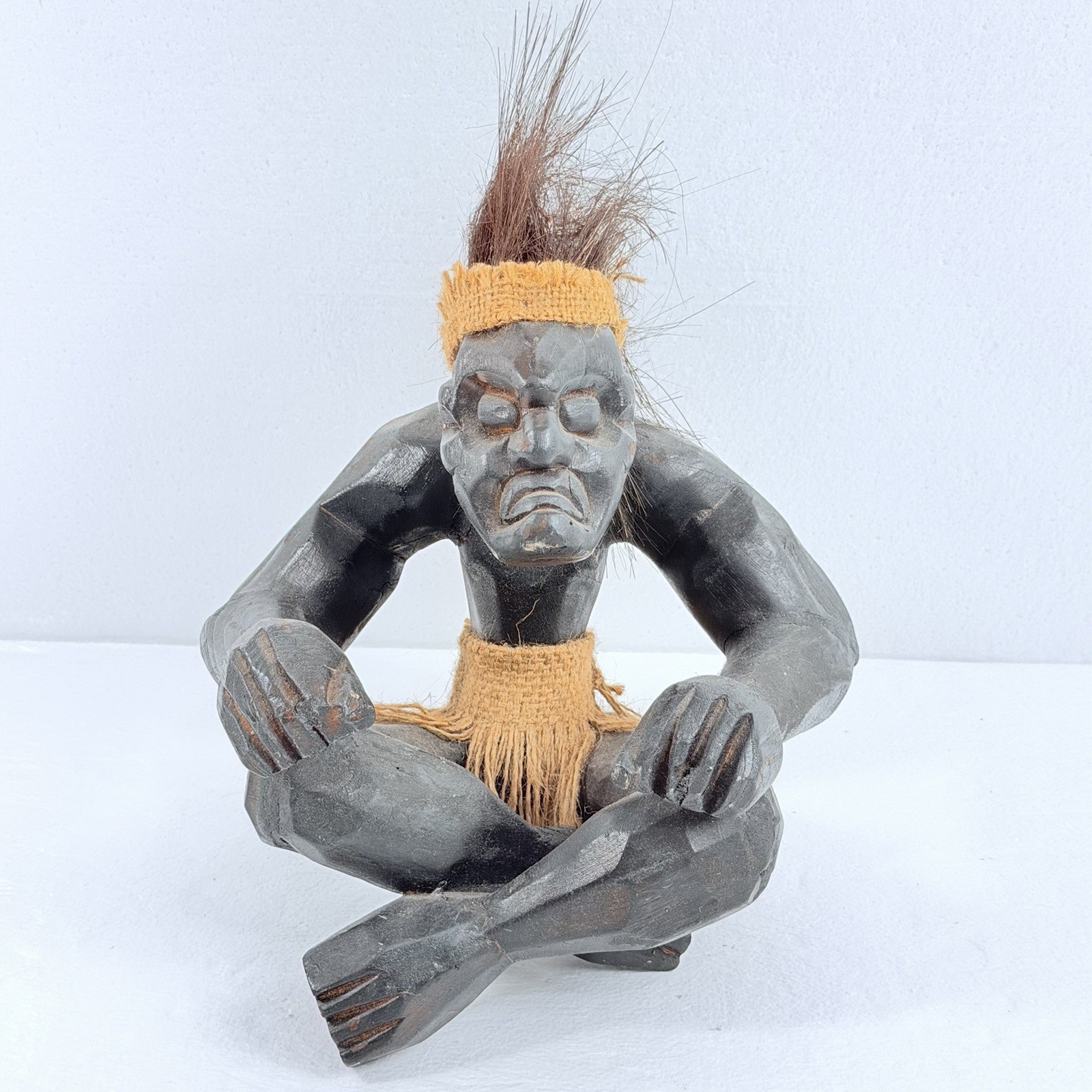 VTG Hand Carved Wood Tribal Figure Real Hair Grass Skirt Seated Warrior Statue