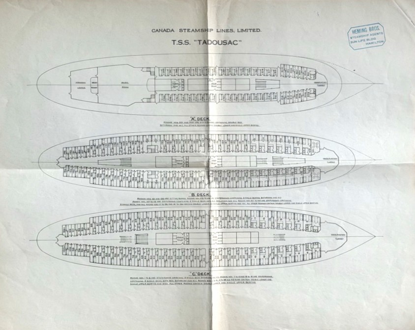 1920s-30s Canada Steamship Lines TADOUSSAC of 1927 St. Lawrence Route Deck Plan