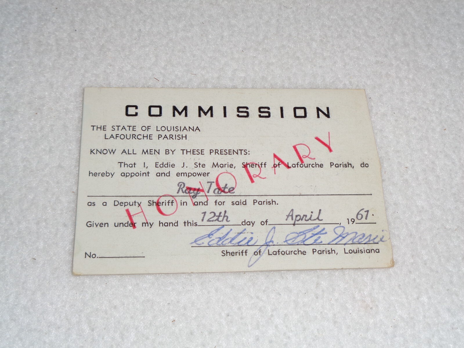 1961 Louisiana Lafourche Deputy Sheriff Honorary Commission Eddie Ste Marie Card