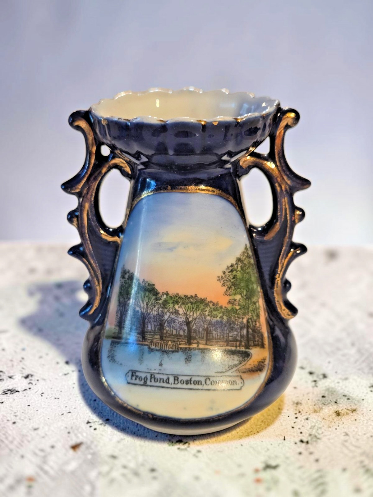 Antique Souvenir Porcelain Frog Pond Boston Common Cobalt Gold Vase Germany 1900