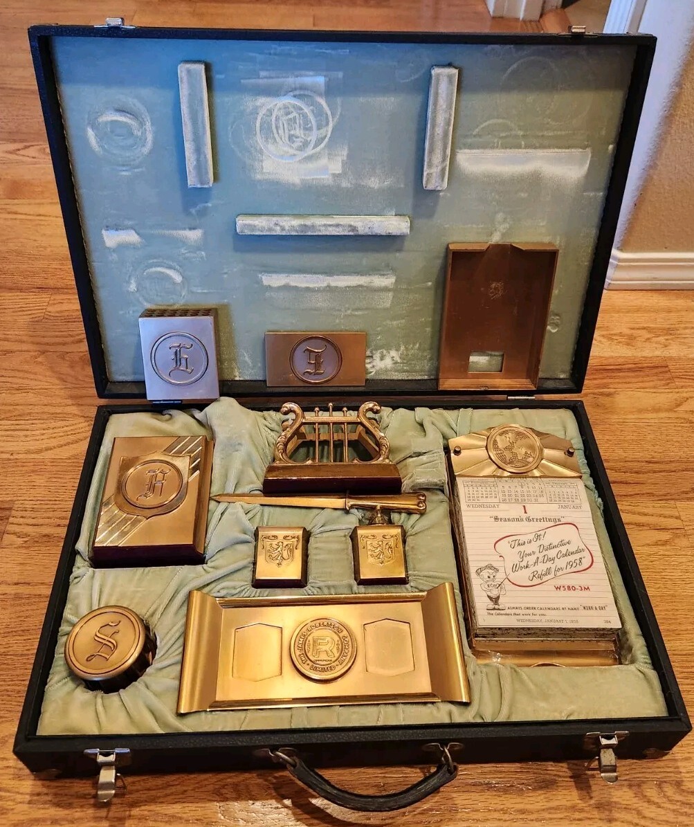 Antique 1957 Brass Desk Set With Lighter, 1958 Paper Calendar James Robertson Co
