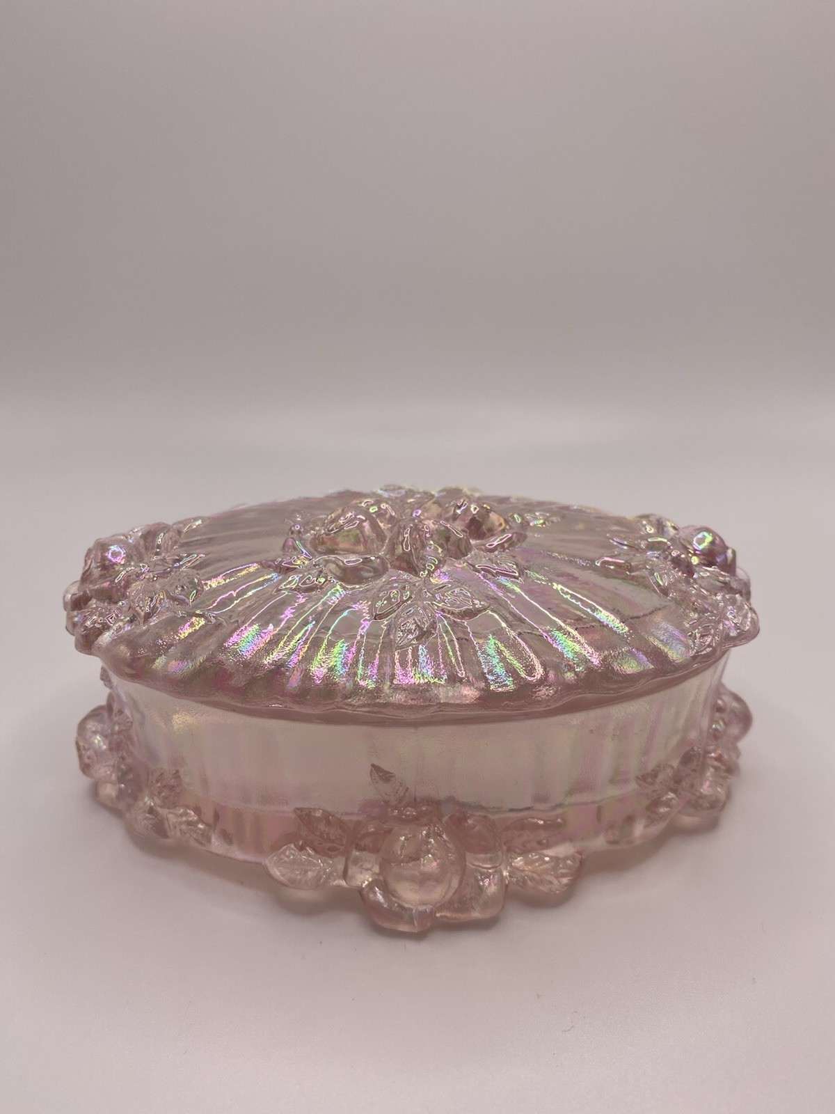 Vintage FENTON Soft Pink Opalescent Cabbage Rose Vanity Trinket Box