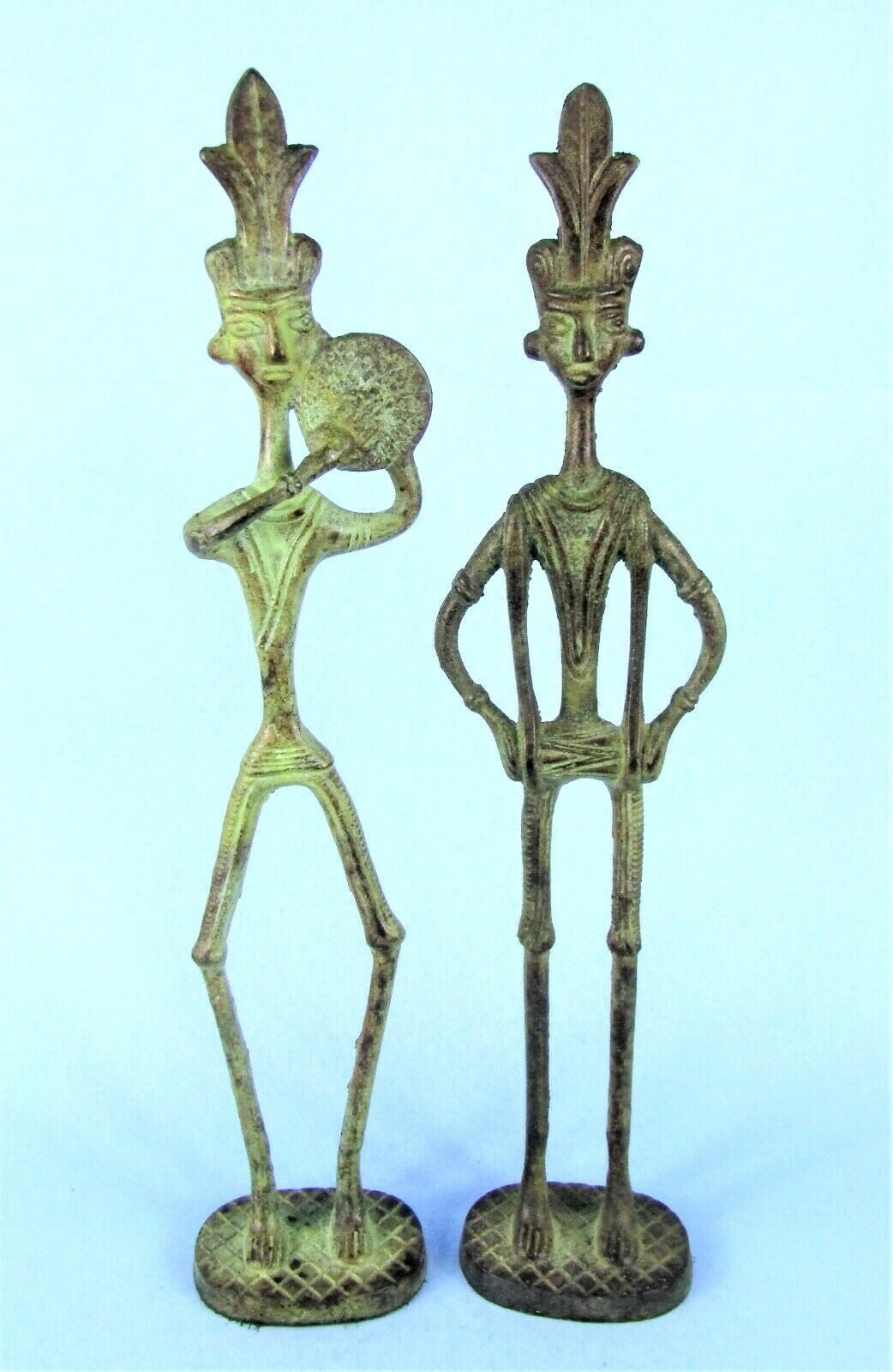 BRONZE INDIA DHOKRA MUSICIAN STATUES PRIMITIVE TRIBAL SCULPTURE PAIR