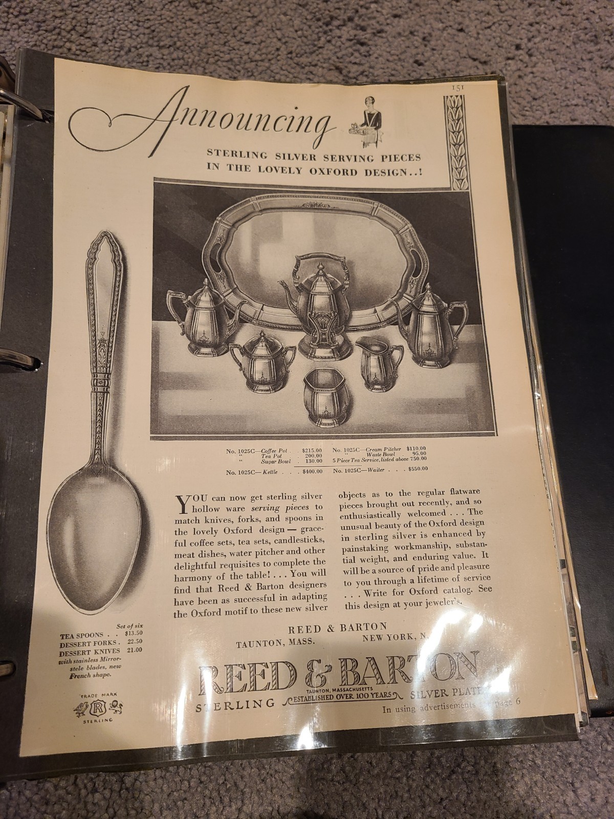 1940s Reed & Barton Sterling Silver Vintage Print ad Dinnerware 