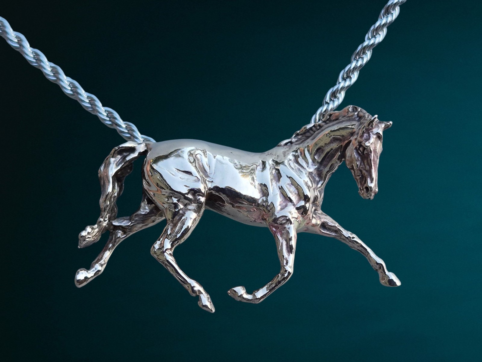LARGE Trotting  Horse Bronze Pendant and Stainless Steel chain  Zimmer  jewelry