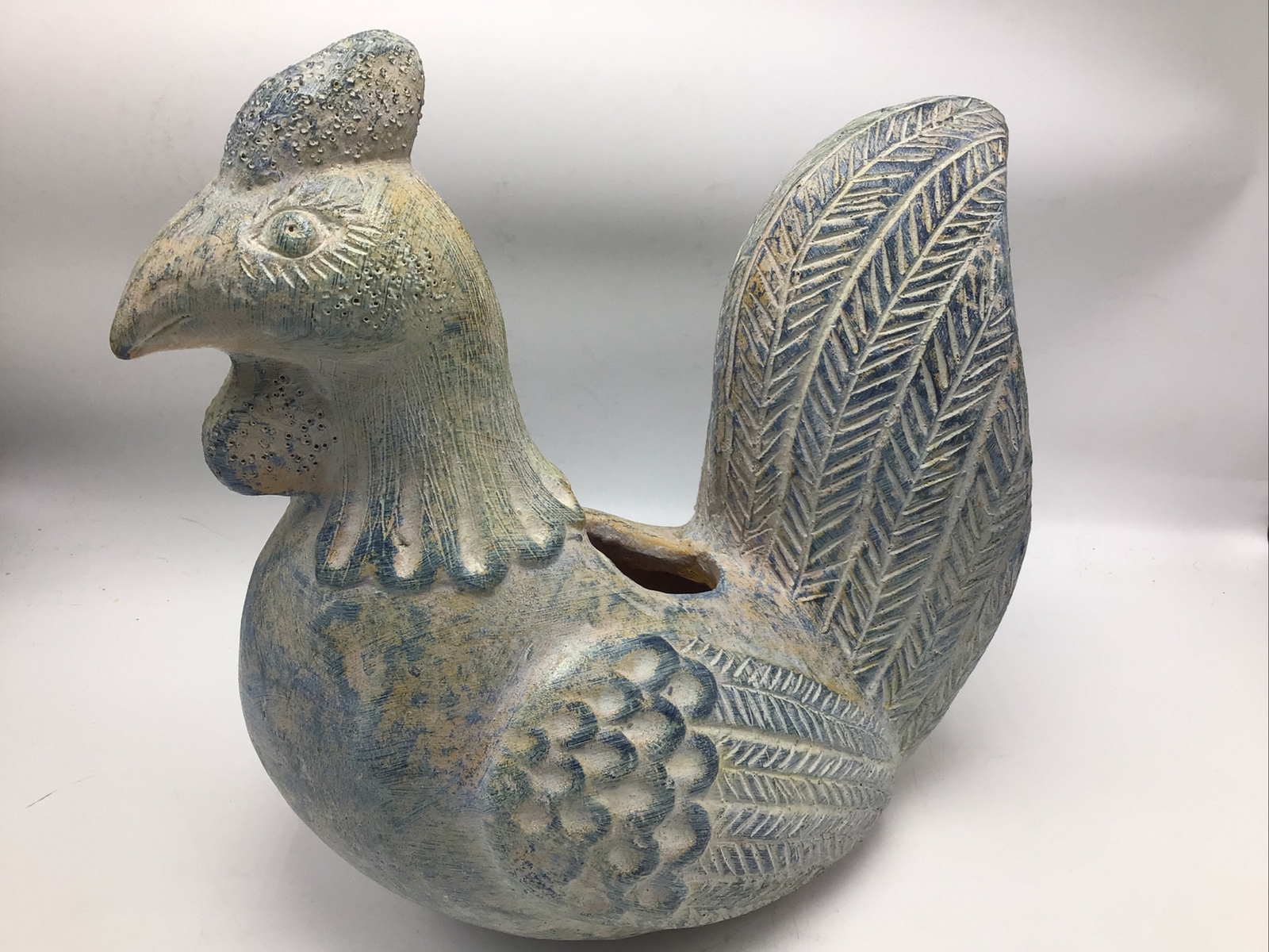 Rooster Chicken Pottery Planter Clay Hand Carved Blue Teal Farmhouse Country 11\