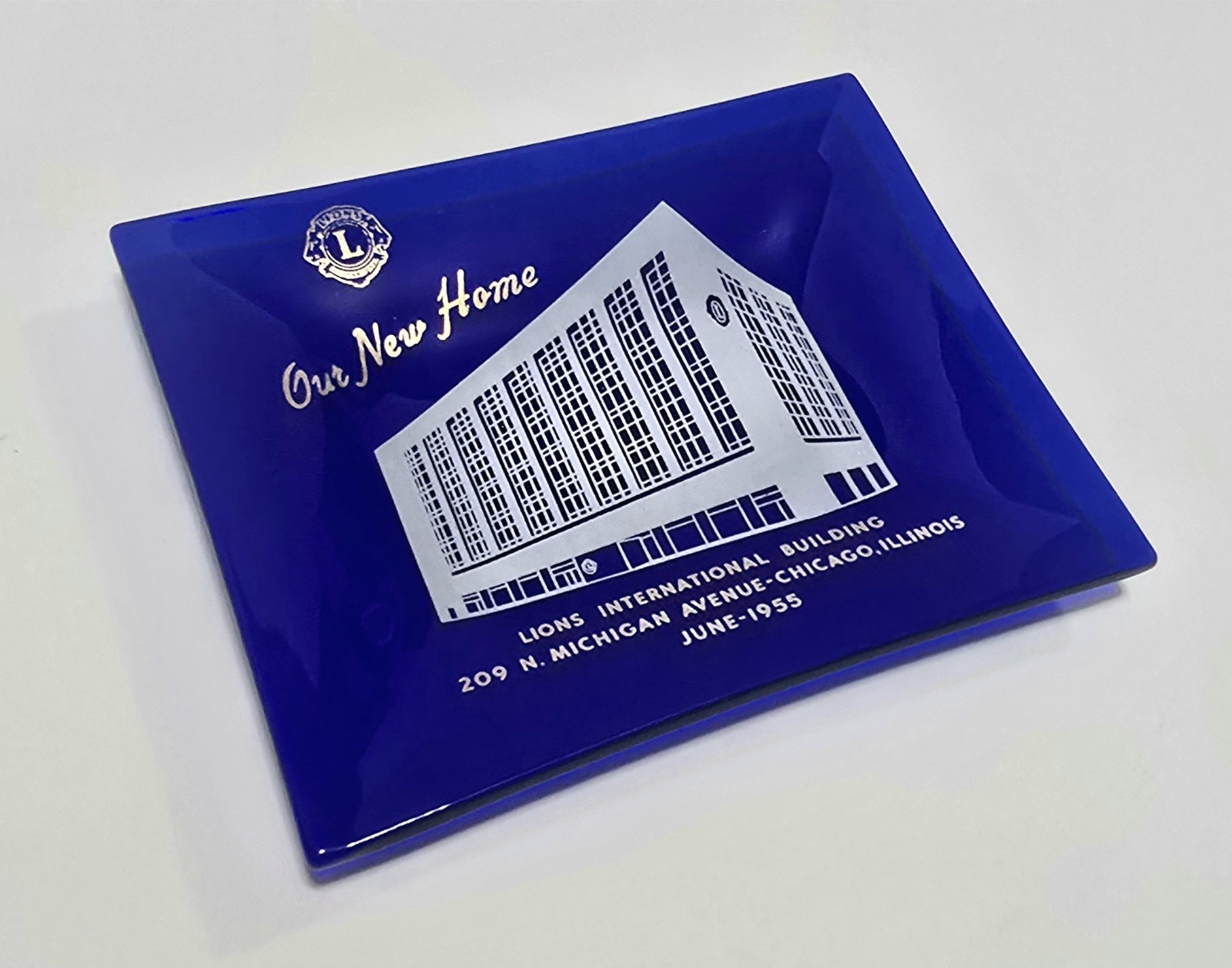 1955 Houze Glass Co Cobalt Blue LIONS CLUB Building Dish MCM Chicago Advertising