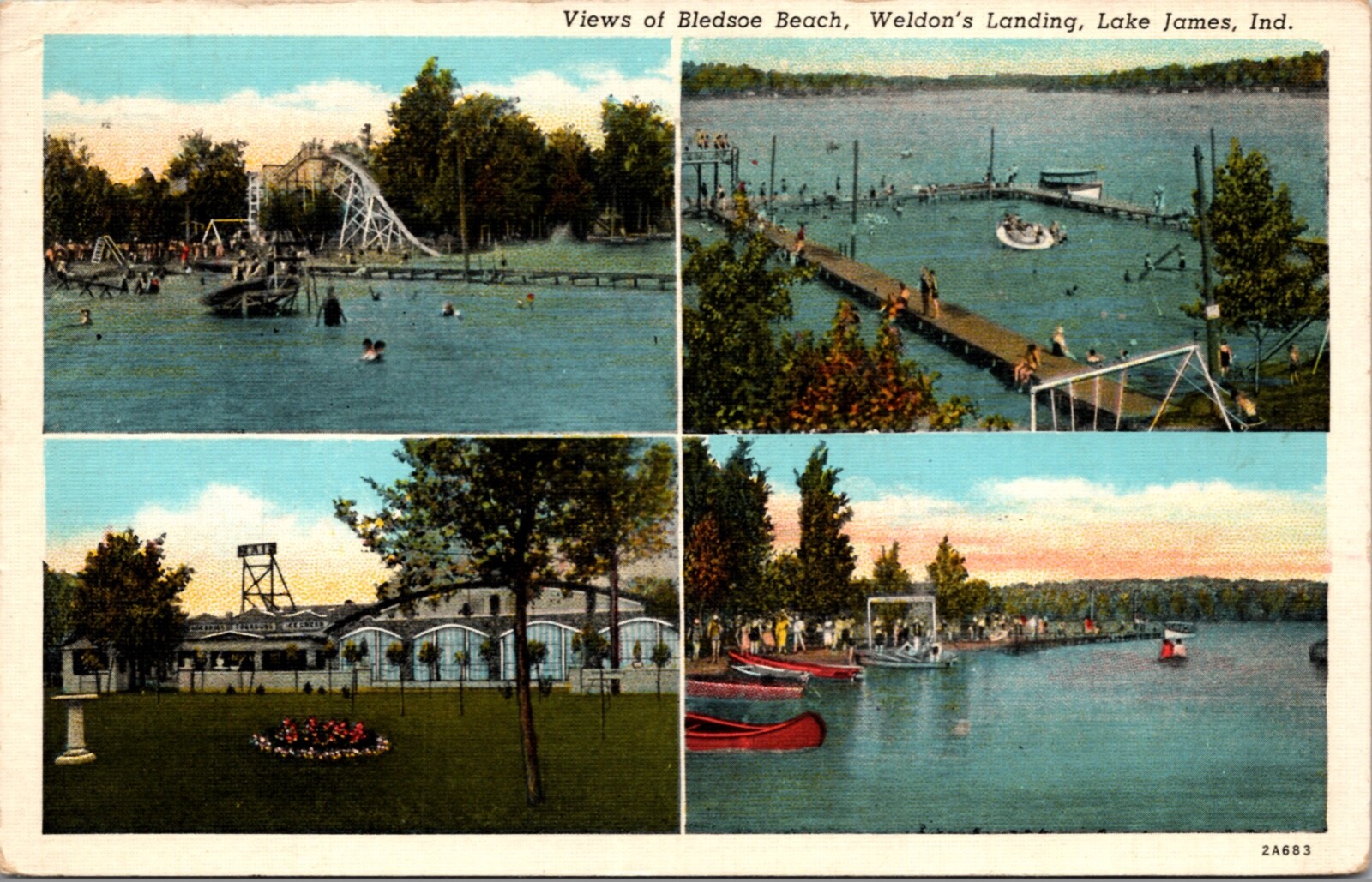 Postcard Multiple Views of Bledsoe Beach Weldon\'s Landing in Lake James, Indiana