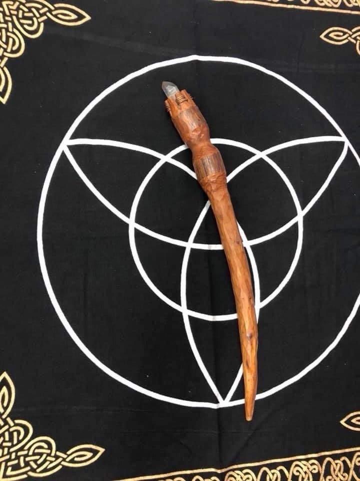 Handcrafted Pine Center  with Clear Quartz Crystal  Point – Ritual Tool