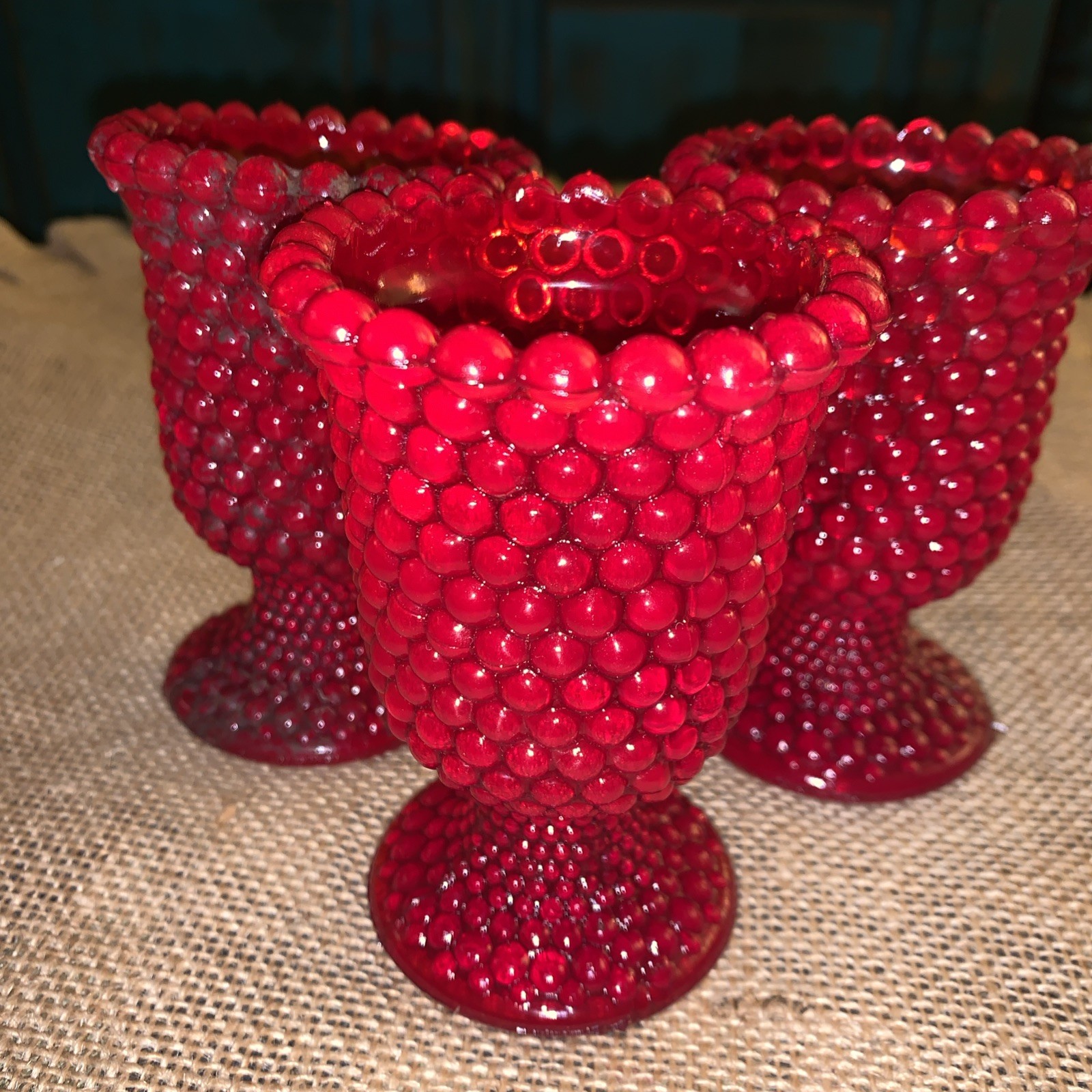 3 Vintage Ruby Red Glass Hobnail Pedestal Votive Candle Holder 4” Tall