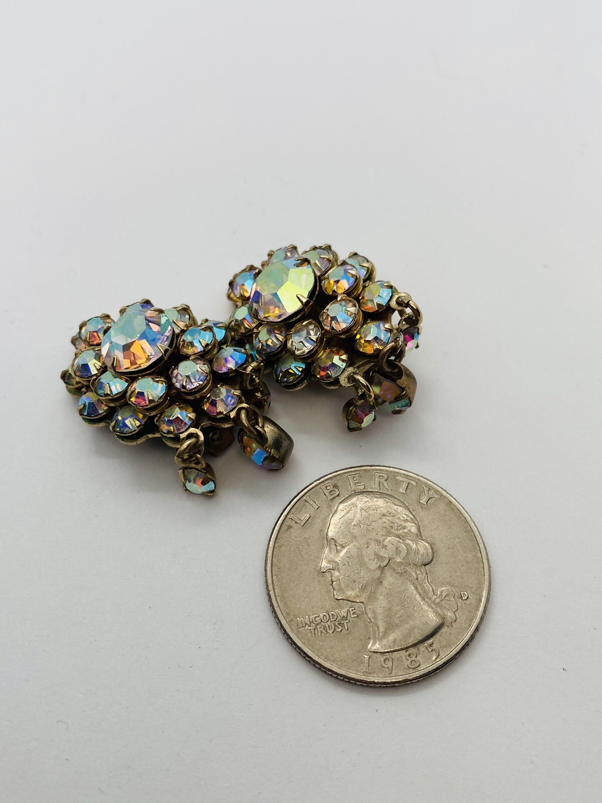 WEISS AURORA BOREALIS CRYSTAL CLIP ON VINTAGE DANGLE EARRINGS DESIGNER