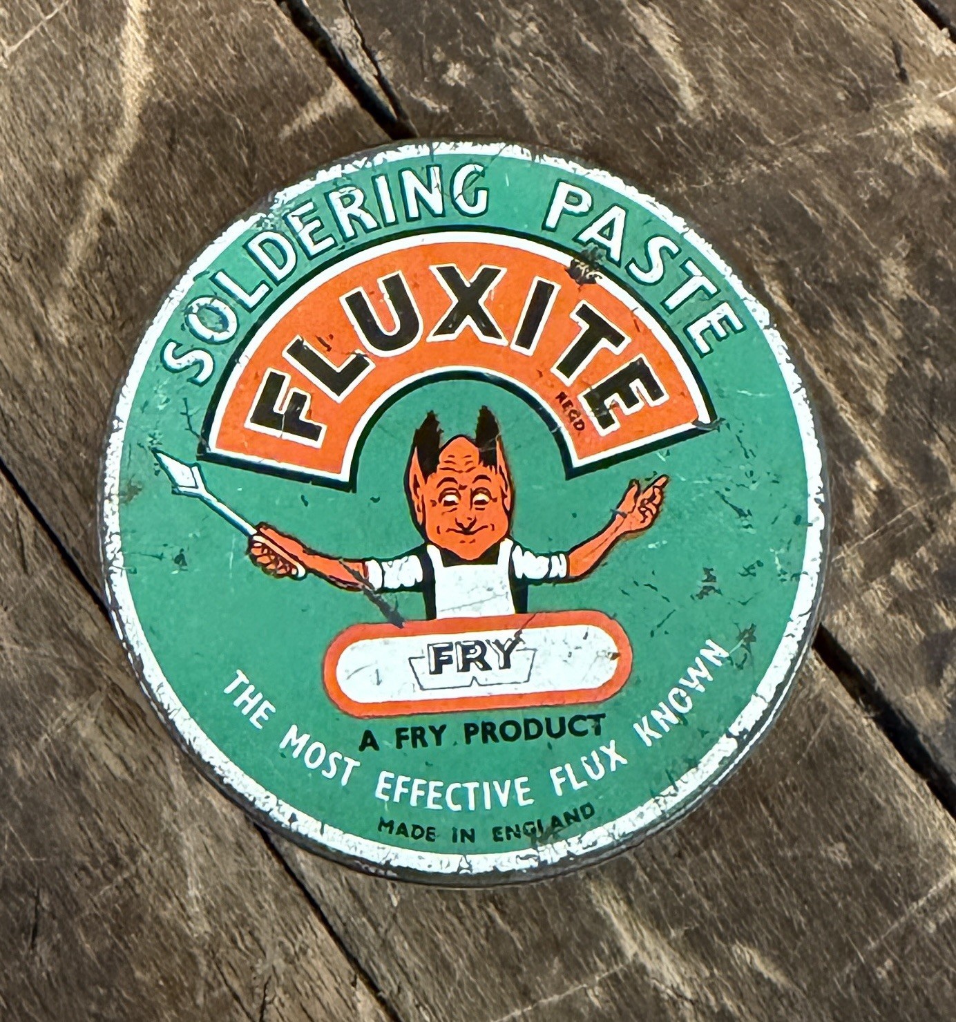VINTAGE C. 1950 FLUXITE SOLDERING PASTE TIN CAN SIGN DEVIL SATAN EVIL ENGLAND
