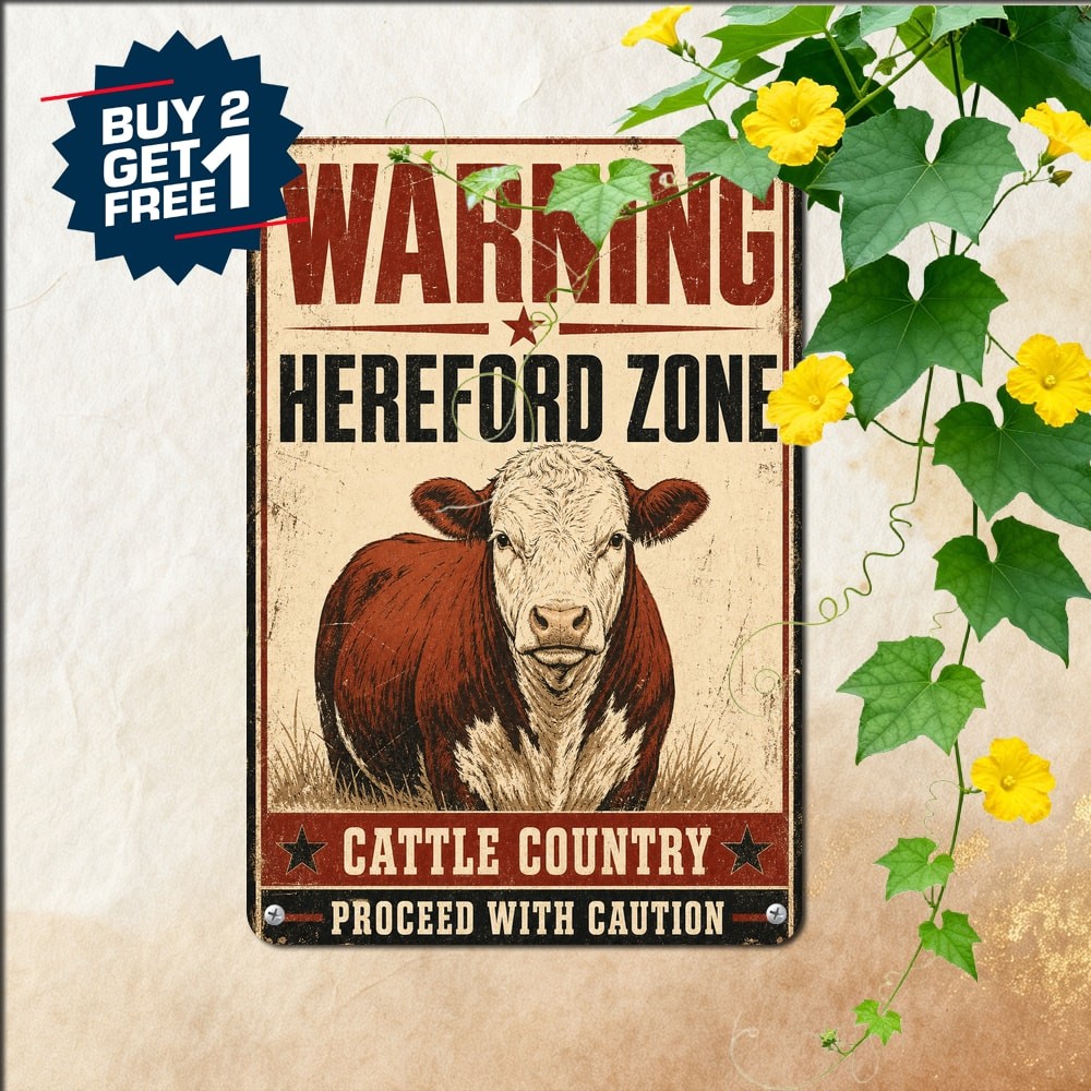 Funny Hereford Cow Warning Sign Humorous Farmhouse Cattle Shed Wall Art Plaque
