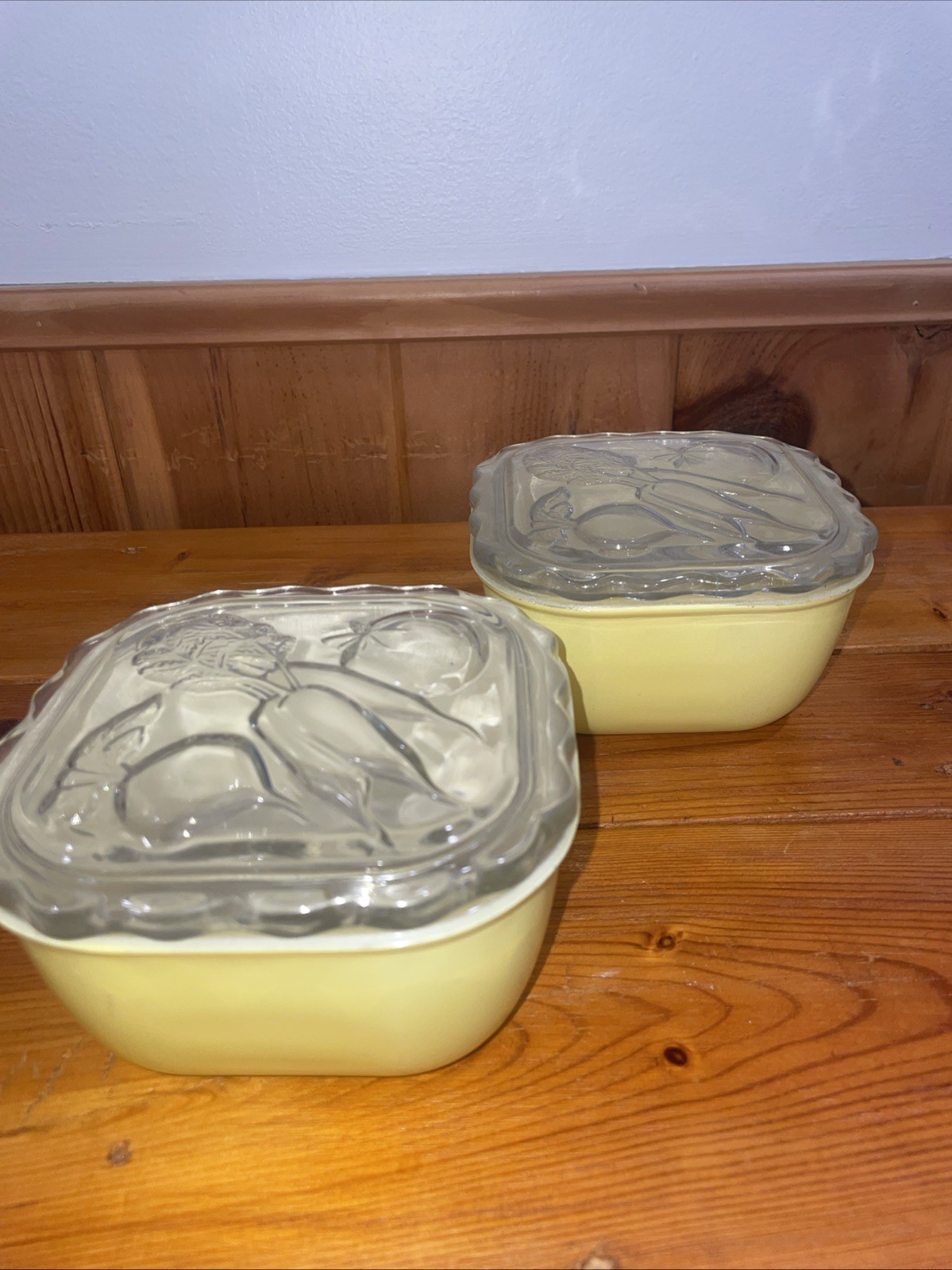 Vintage MCM Jeanette Yellow Glass Square Lidded Dish Food Storage 2 Sets-1950s