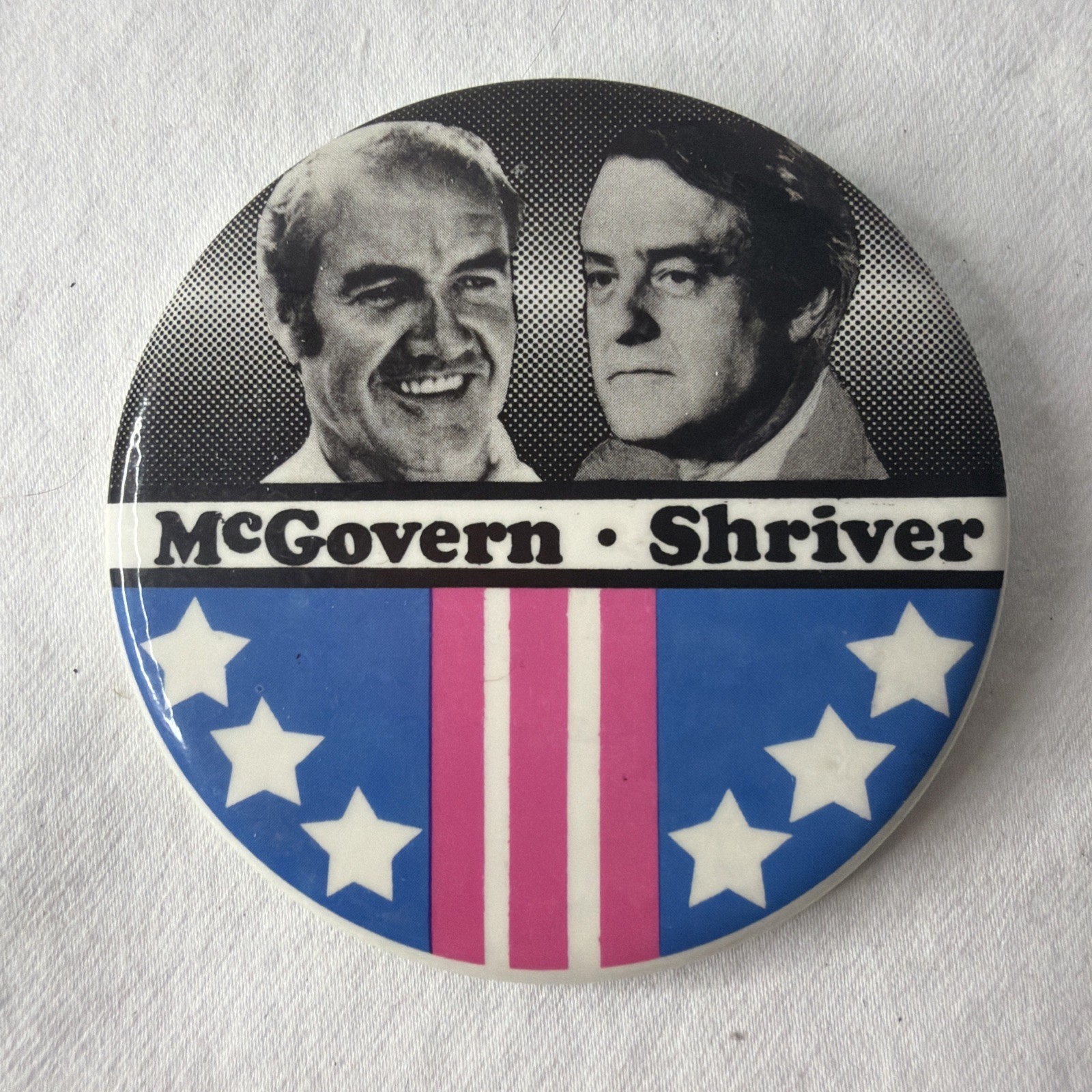 VTG George McGovern Sargent Shriver 72 Presidential Campaign Pinback Button 3”