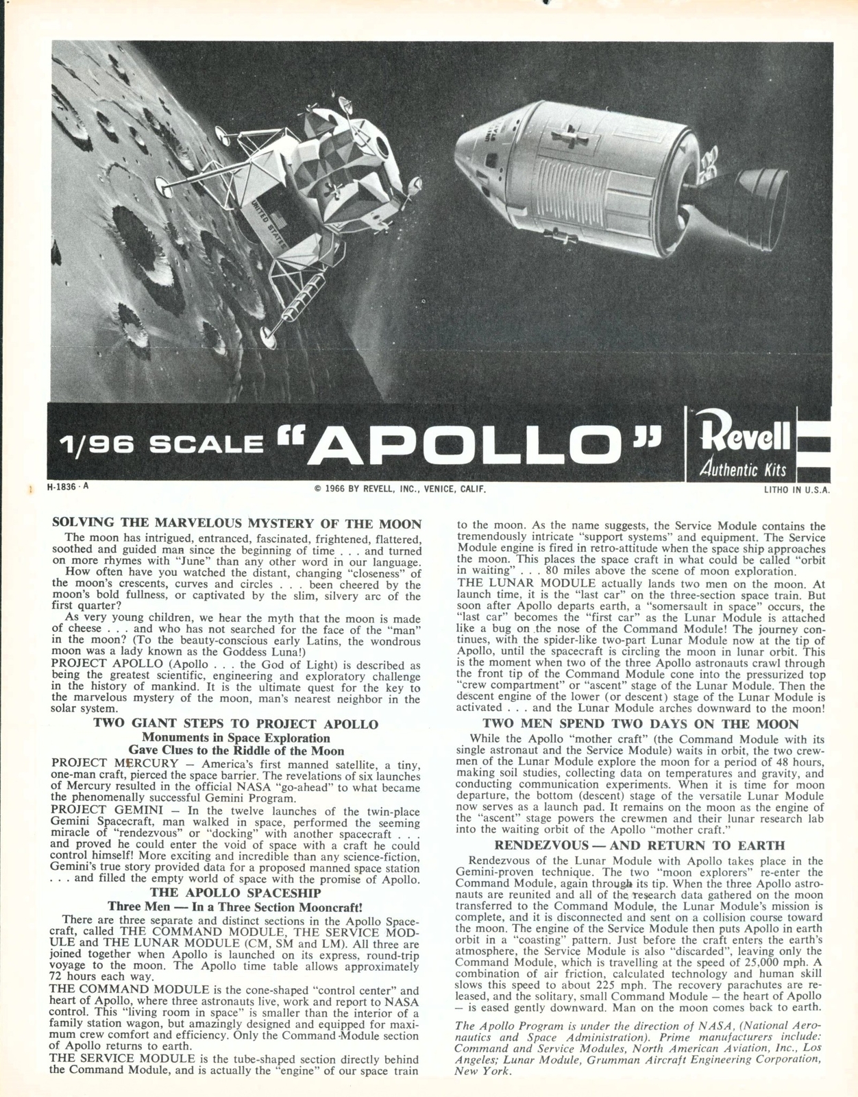 1966 NASA Project Apollo Moon Landing Revell Model Kit Original Instructions USA