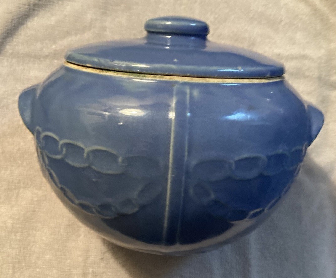 Vintage Monmouth Pottery Blue Pottery Covered Bean Pot Vase Cookie Jar FARMHOUSE