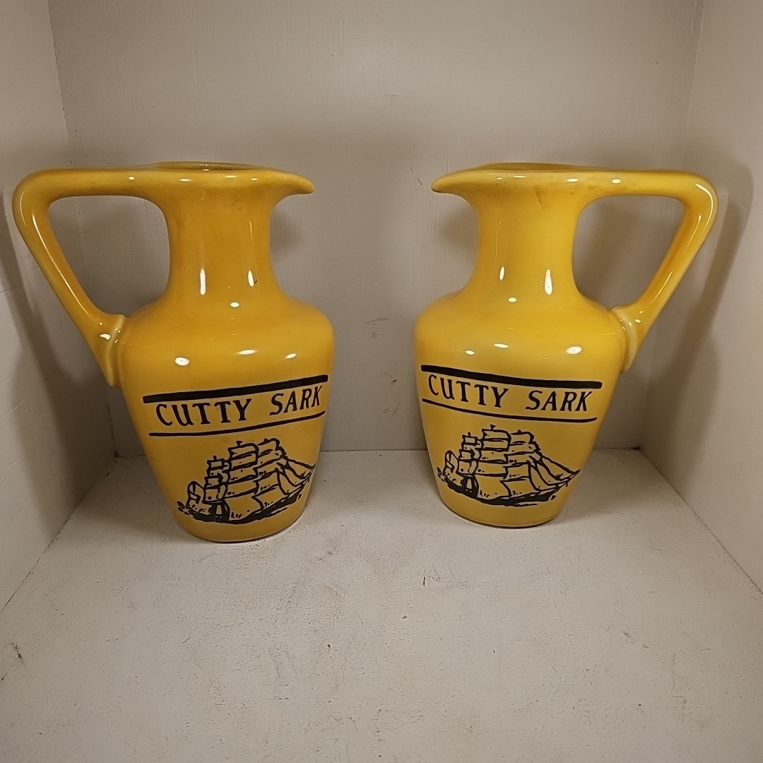 Lot Of 2 Vintage Cutty Sark Scotch Whiskey 24 Ounce Ceramic Yellow Bar Pitcher