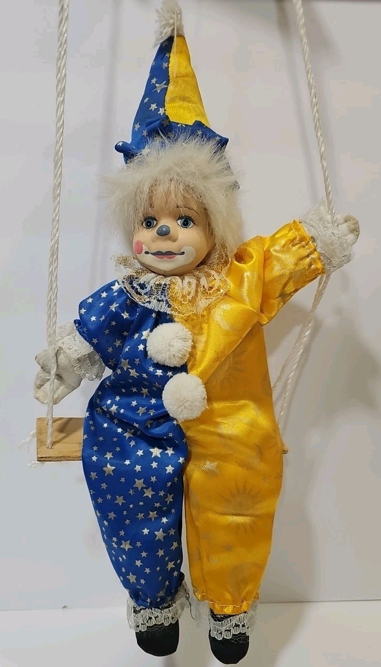 VINTAGE MARIONETTE STRING PUPPET CLOWN ON SWING HANGING PORCELAIN FACE