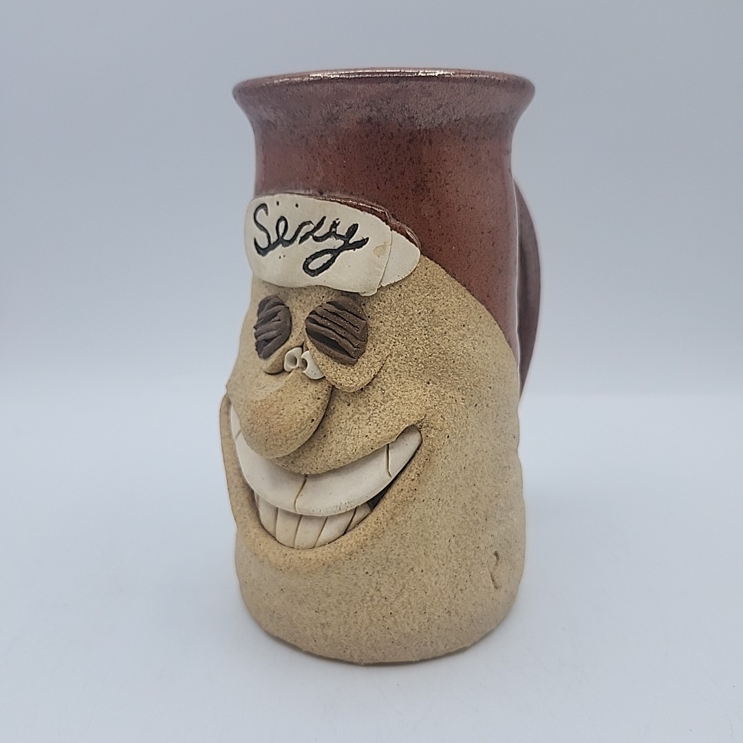 Art Pottery Funny Face Mug Large Sexy Brown Big Smile Signed