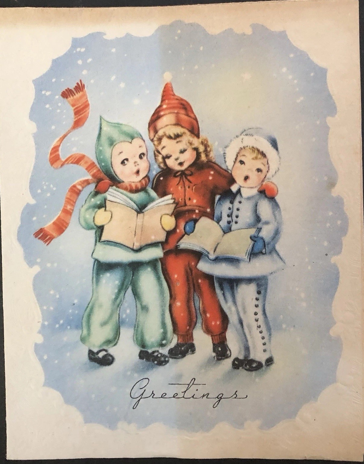 Vtg Christmas Greeting Card Adorable Children Out In Winter Snow To Sing Carols
