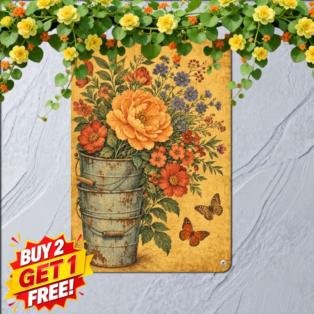 Three Stacked Rusty Flower Buckets Garden Metal Tin Sign Patio Porch Plaque