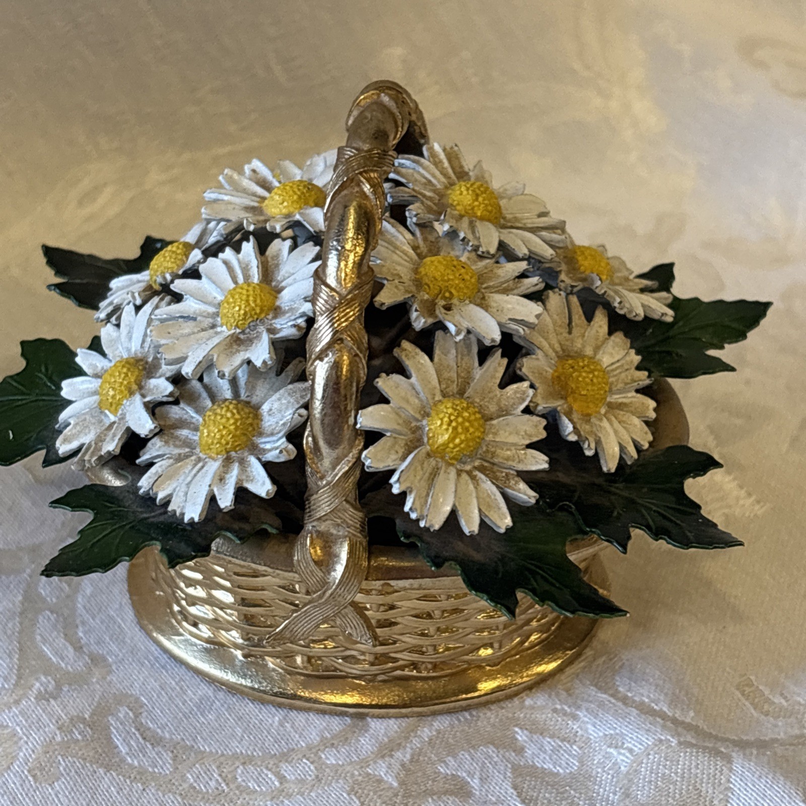 Vintage Jane Hutcheson for Gorham Metal White Daisies in French Gilt Basket