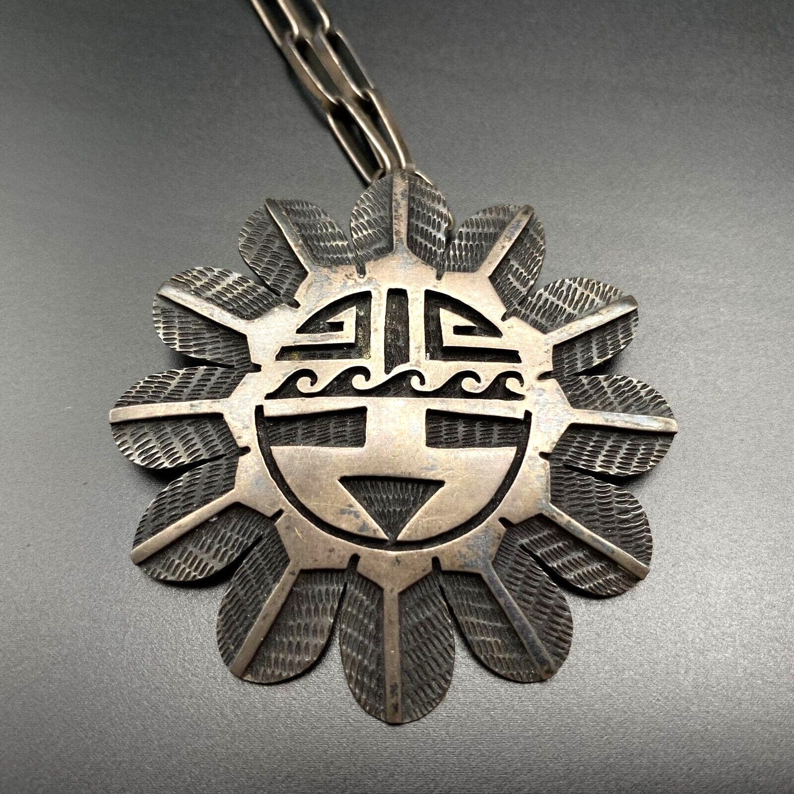 Vintage Hopi Bernard Dawahoya Sun Face Kachina Silver Pendant Necklace 24