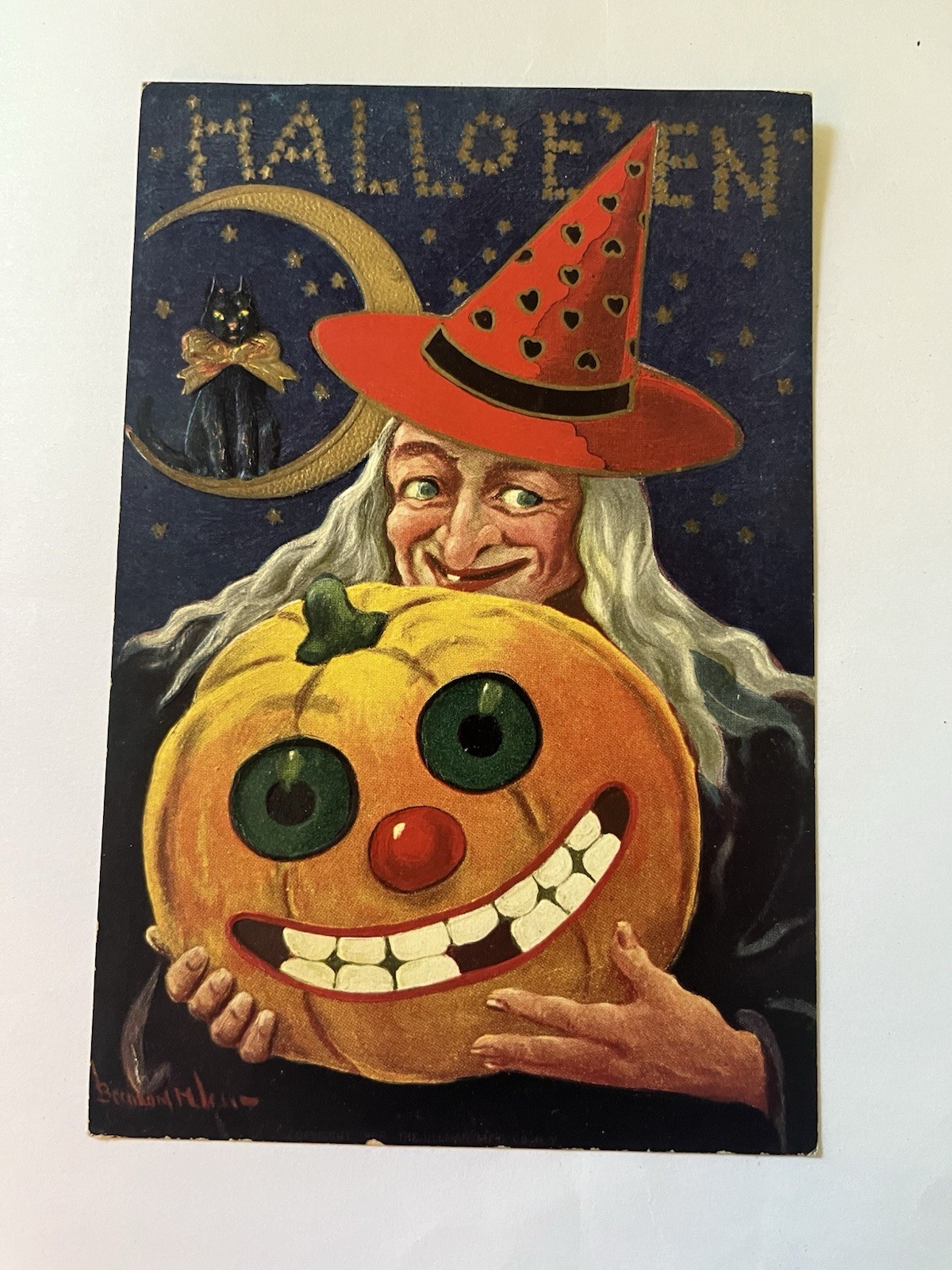 1909 Antique Postcard Halloween Ulman No 143-2416 Wall Witch Jack o Lantern