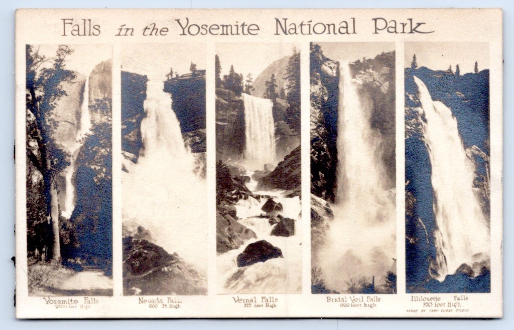 Yosemite National Park Waterfalls Multi View Camp Curry Studio RPPC Postcard