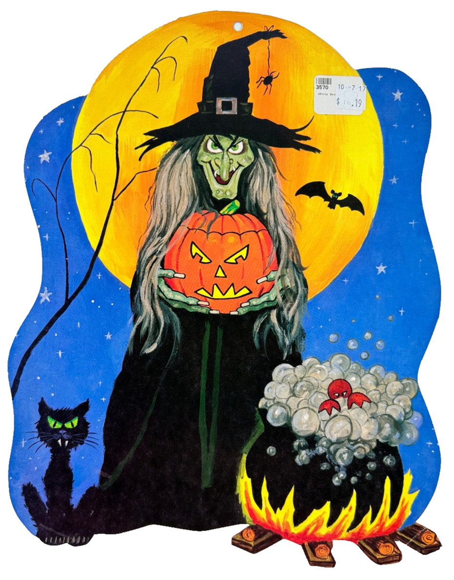 vtg Beistle 80s Die Cut Witch Black Cat Cauldron halloween